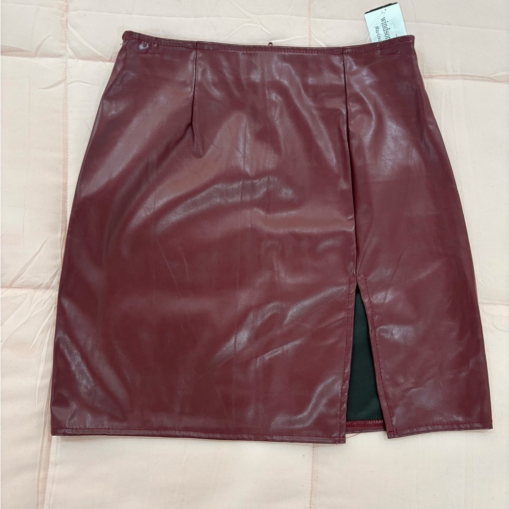 Burgundy Faux Leather Side Slit Skirt